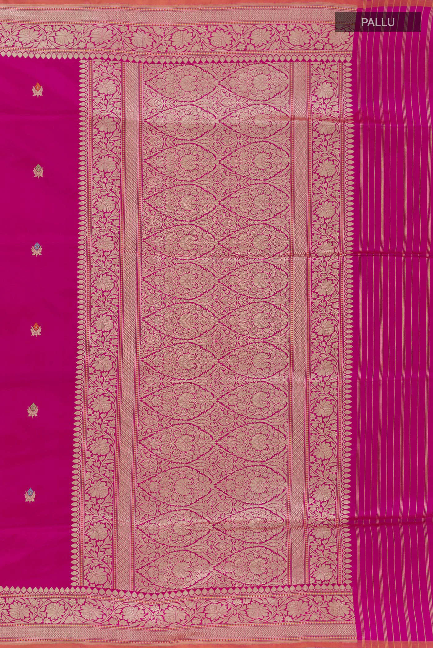 Close up image of the pallu of Pink Banarasi Silk Saree with Zari Butta on the body and Zari Border. 