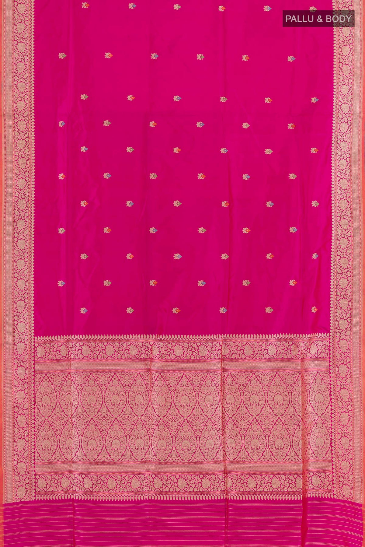 Flat view of Pink Banarasi Silk Saree with Zari Butta on the body and Zari Border. 