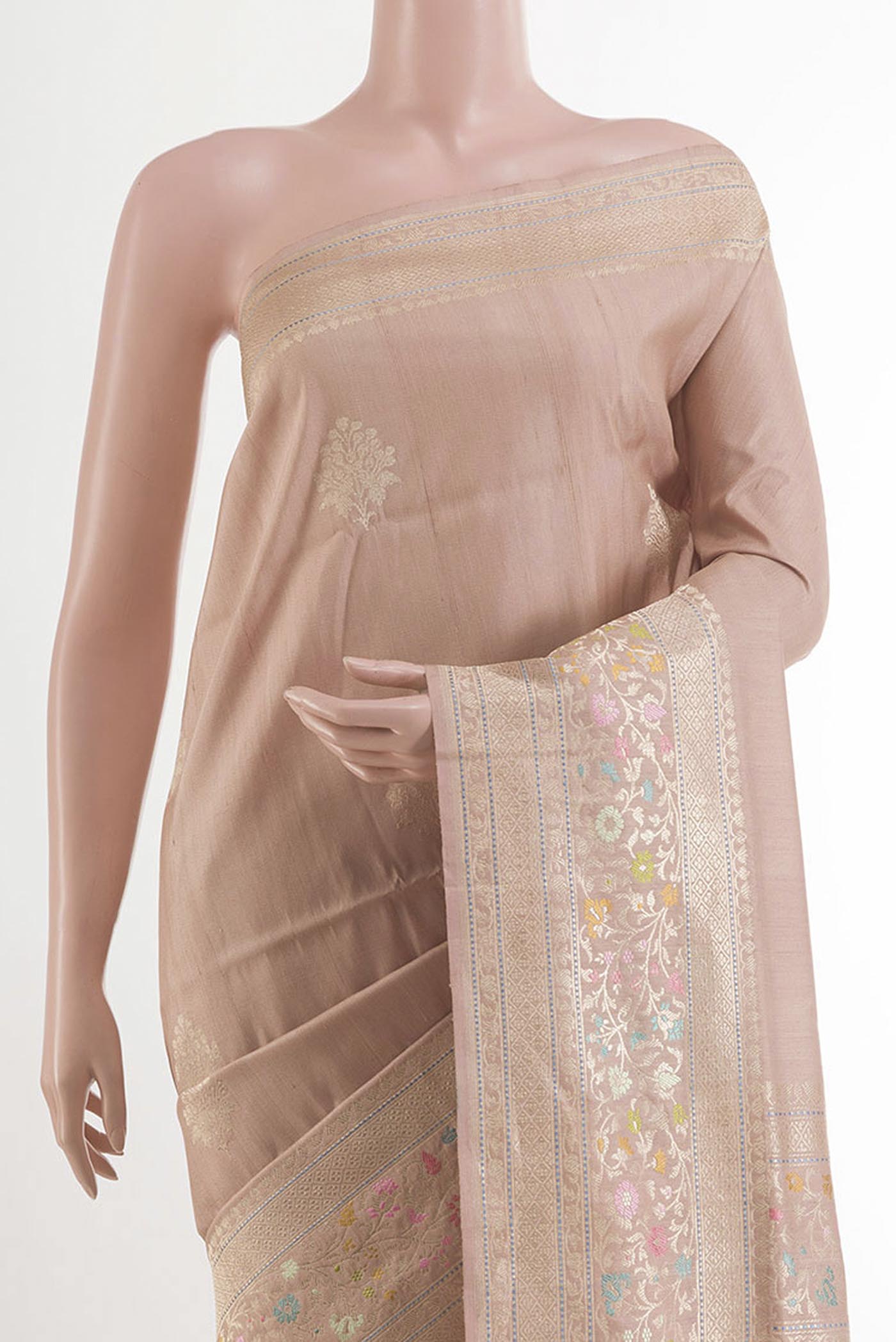 Border image of Imperial Pink Banarasi Tussar Silk Saree with Zari Butta on the body and Zari Border. 