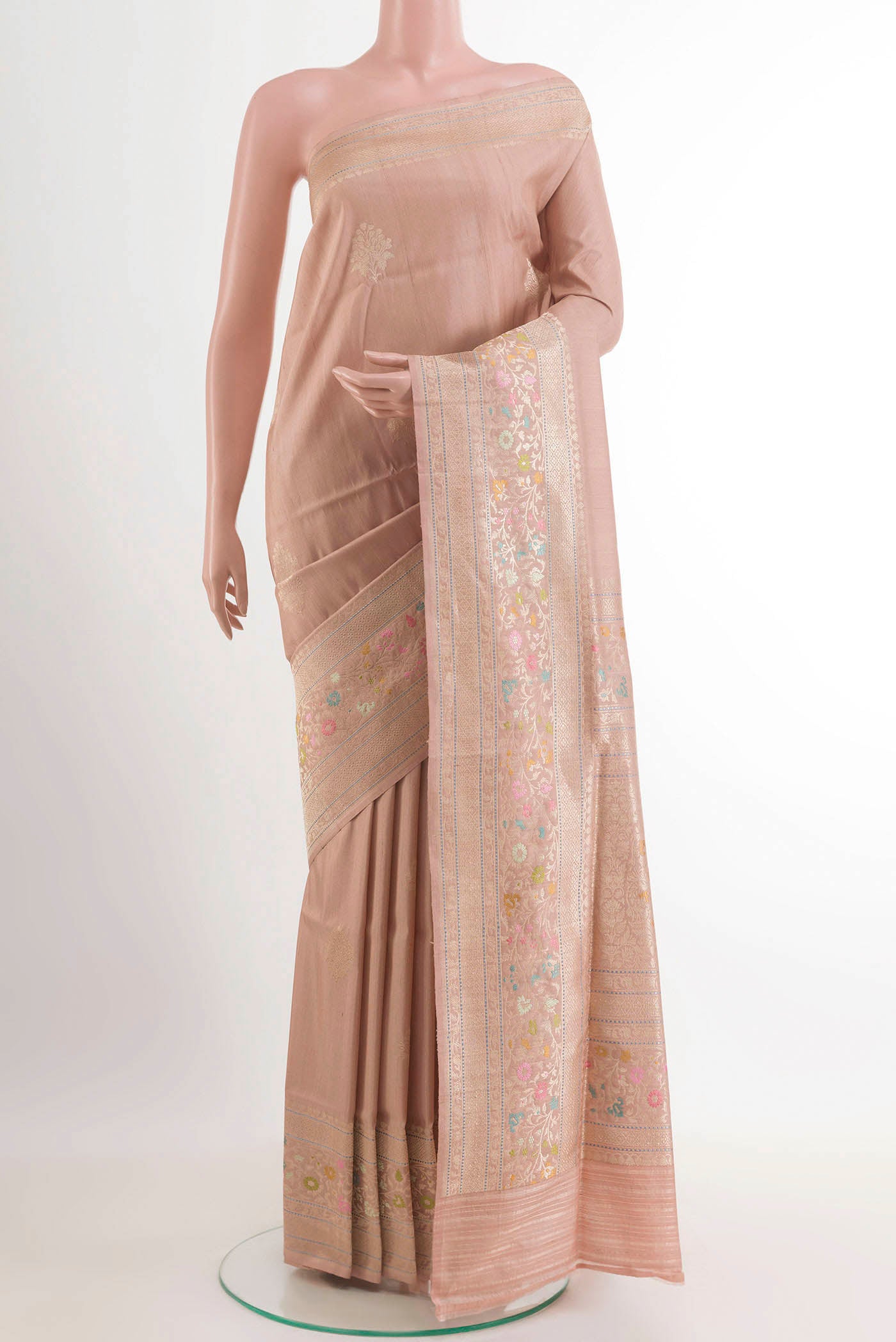 Imperial Pink Banarasi Tussar Silk Saree with Zari Butta on the body and Zari Border.  displayed on a mannequin