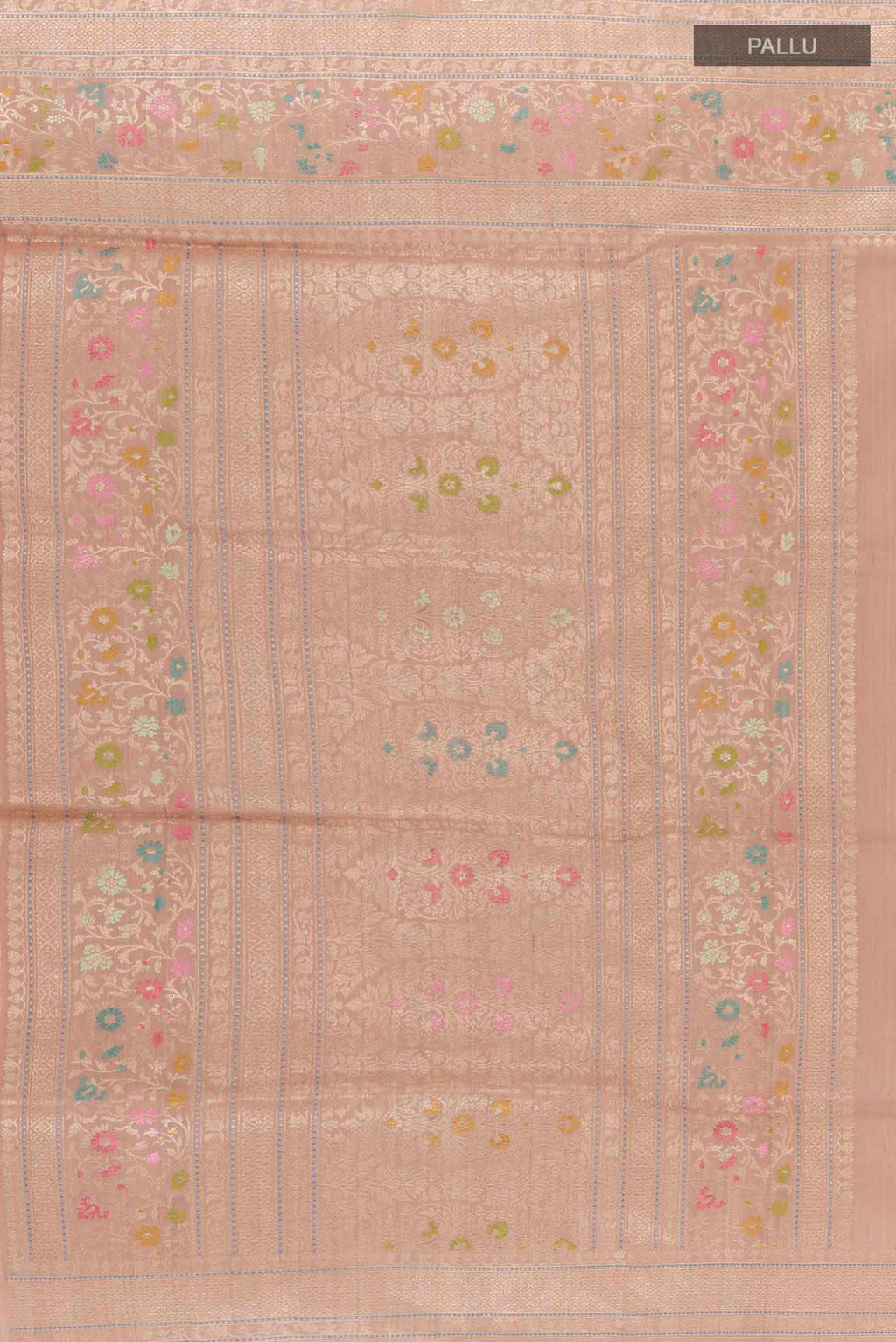 Close up image of the pallu of Imperial Pink Banarasi Tussar Silk Saree with Zari Butta on the body and Zari Border. 