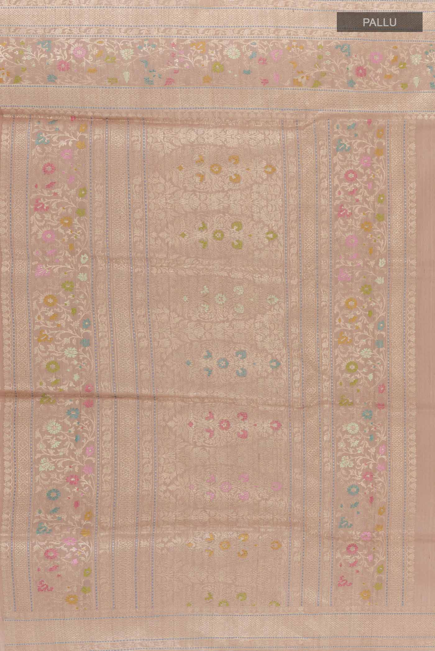 Close up image of the pallu of Imperial Pink Banarasi Tussar Silk Saree with Zari Butta on the body and Zari Border. 