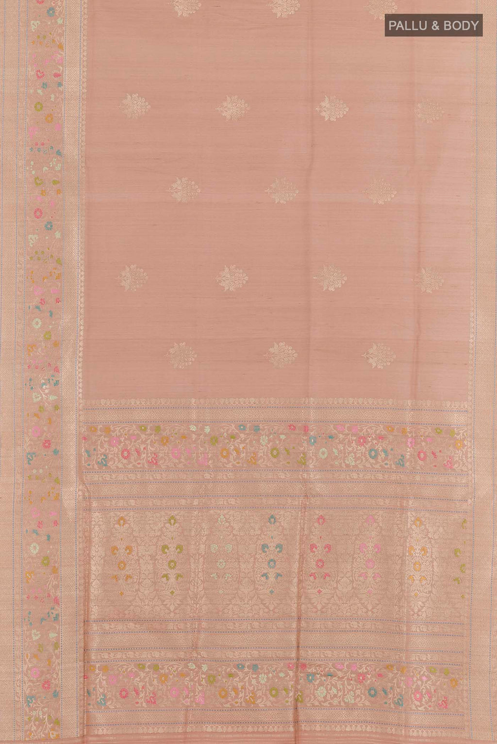 Flat view of Imperial Pink Banarasi Tussar Silk Saree with Zari Butta on the body and Zari Border. 