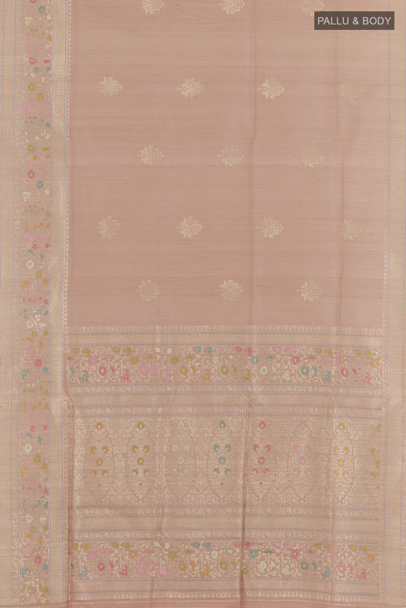 Flat view of Imperial Pink Banarasi Tussar Silk Saree with Zari Butta on the body and Zari Border. 
