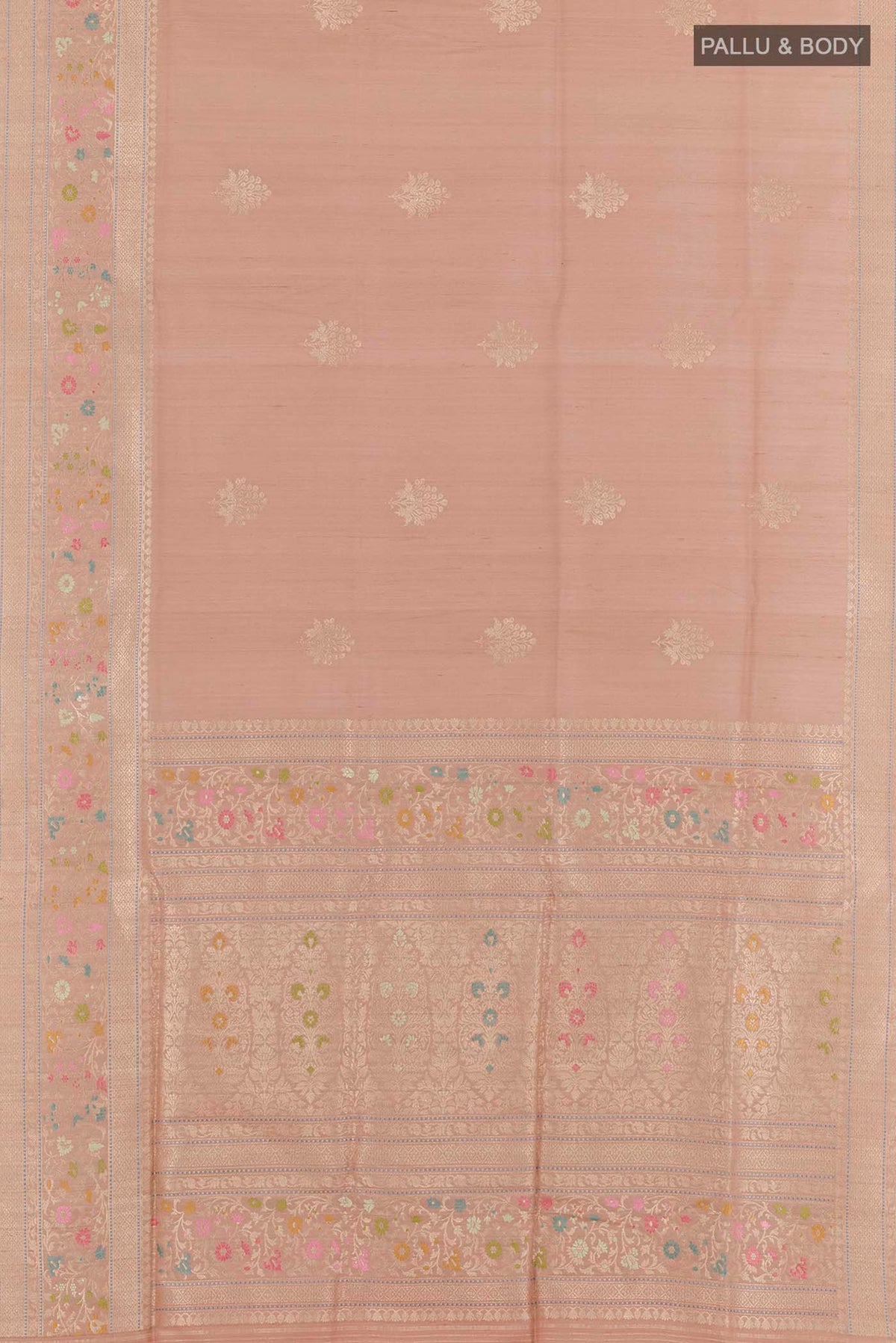 Flat view of Imperial Pink Banarasi Tussar Silk Saree with Zari Butta on the body and Zari Border. 