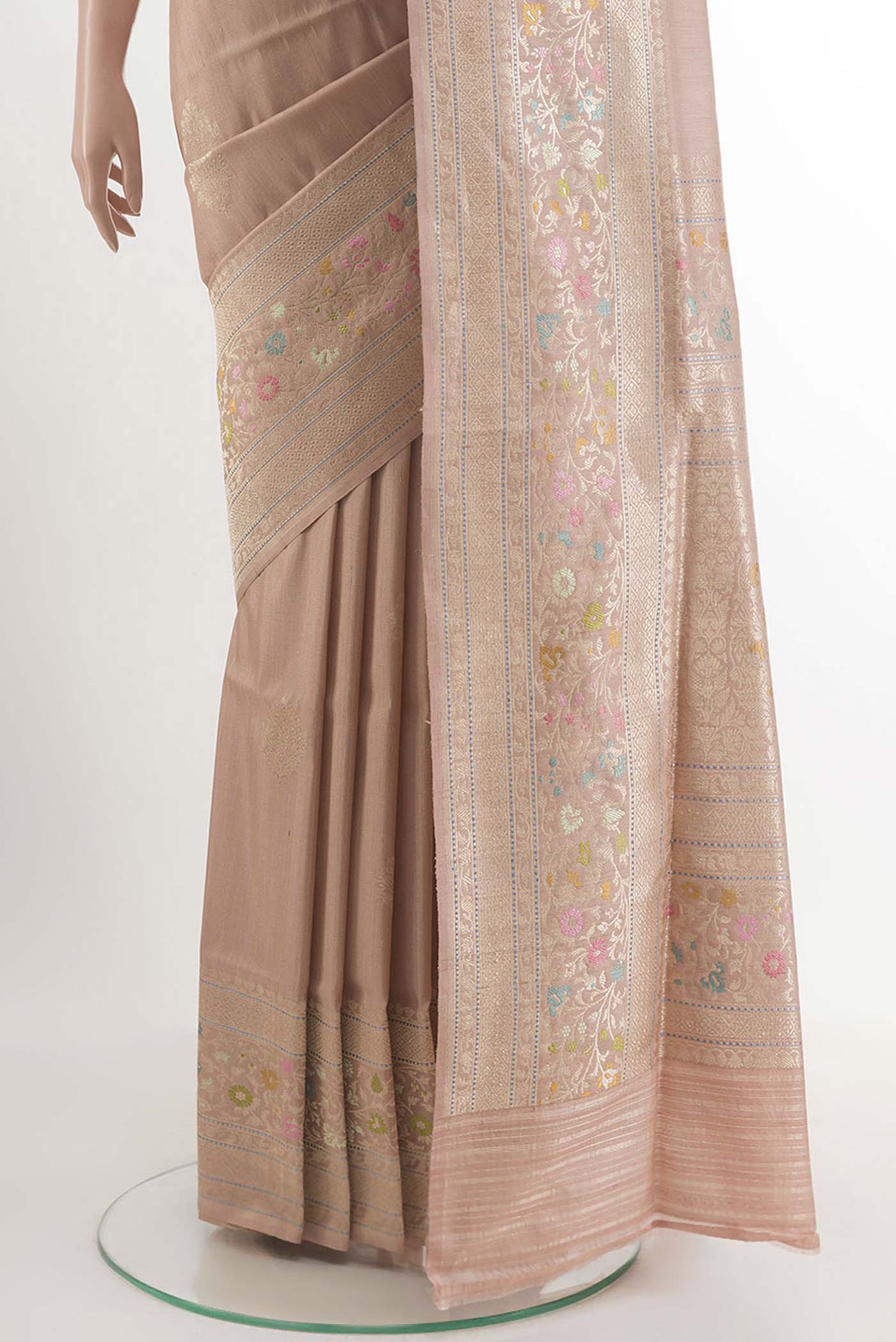 Pleats and pallu of Imperial Pink Banarasi Tussar Silk Saree with Zari Butta on the body and Zari Border. 