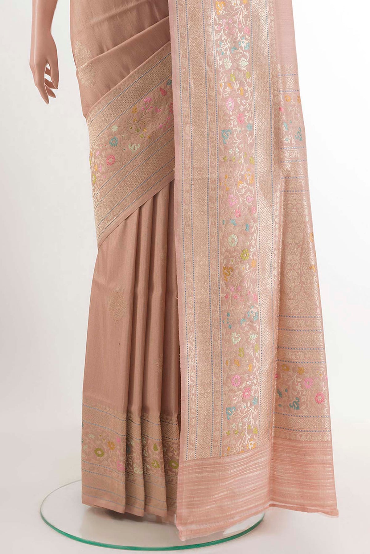 Pleats and pallu of Imperial Pink Banarasi Tussar Silk Saree with Zari Butta on the body and Zari Border. 