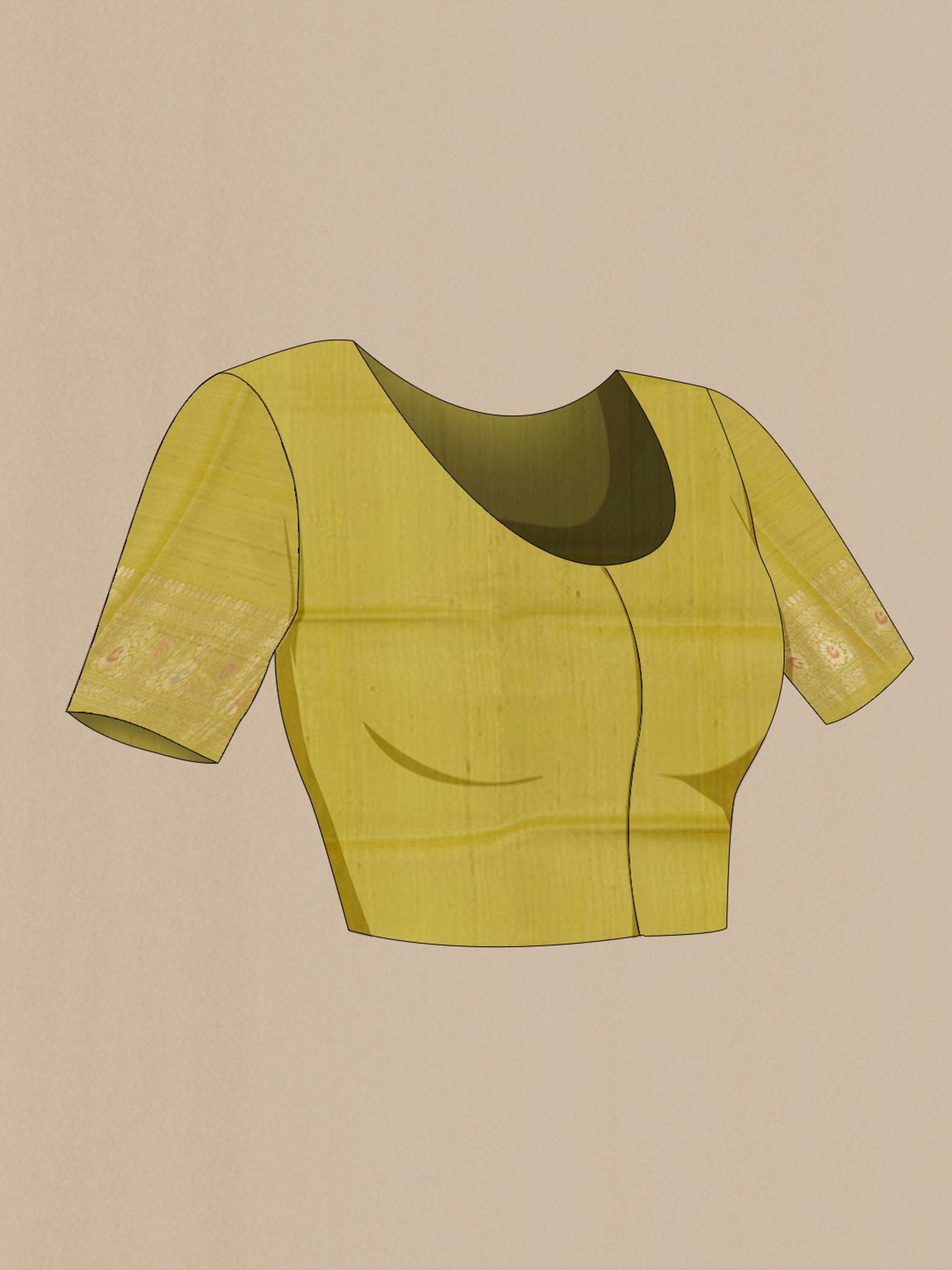 Close up image of the blouse of Green Banarasi Tussar Silk Saree with Zari Brocade on the body and Zari Border. 