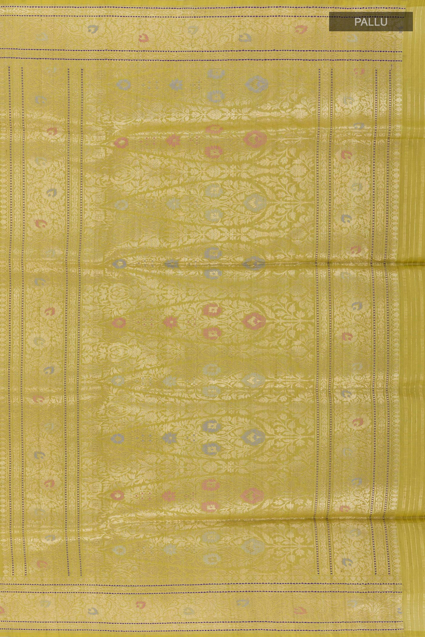 Close up image of the pallu of Green Banarasi Tussar Silk Saree with Zari Brocade on the body and Zari Border. 