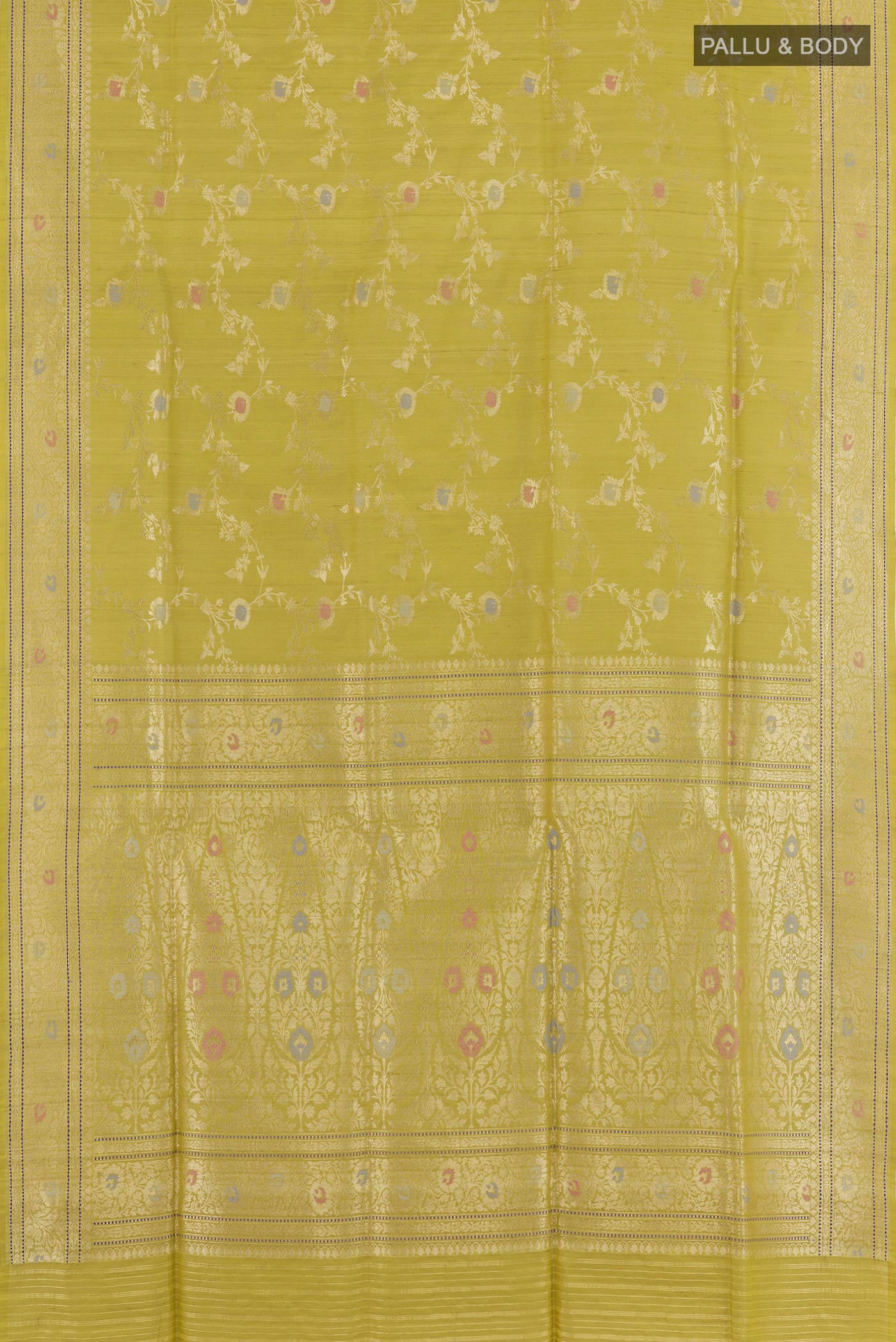 Flat view of Green Banarasi Tussar Silk Saree with Zari Brocade on the body and Zari Border. 