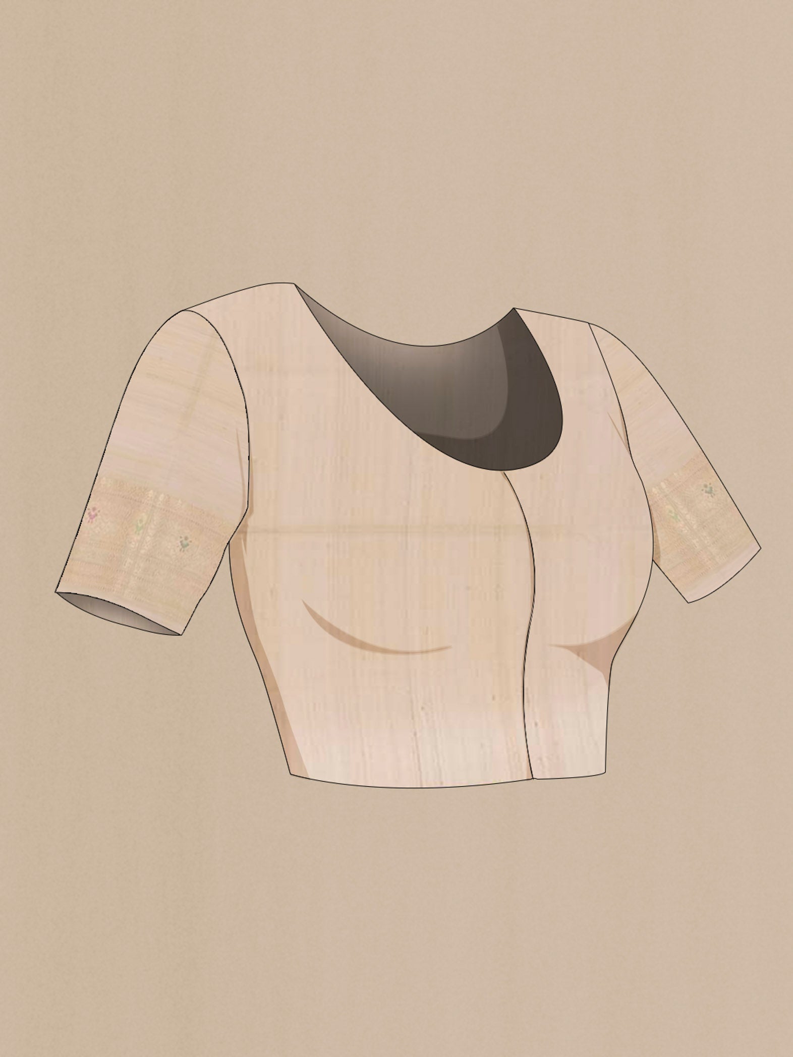Close up image of the blouse of Off White Banarasi Tussar Silk Saree with Zari Butta on the body and Zari Border. 