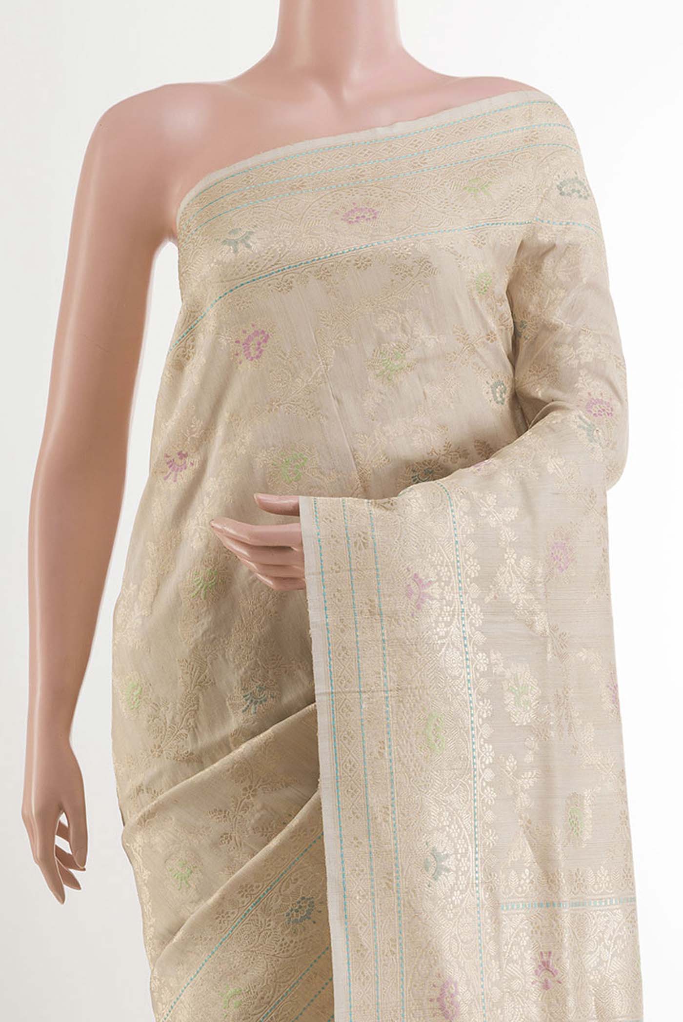 Border image of Off White Banarasi Tussar Silk Saree with Zari Butta on the body and Zari Border. 