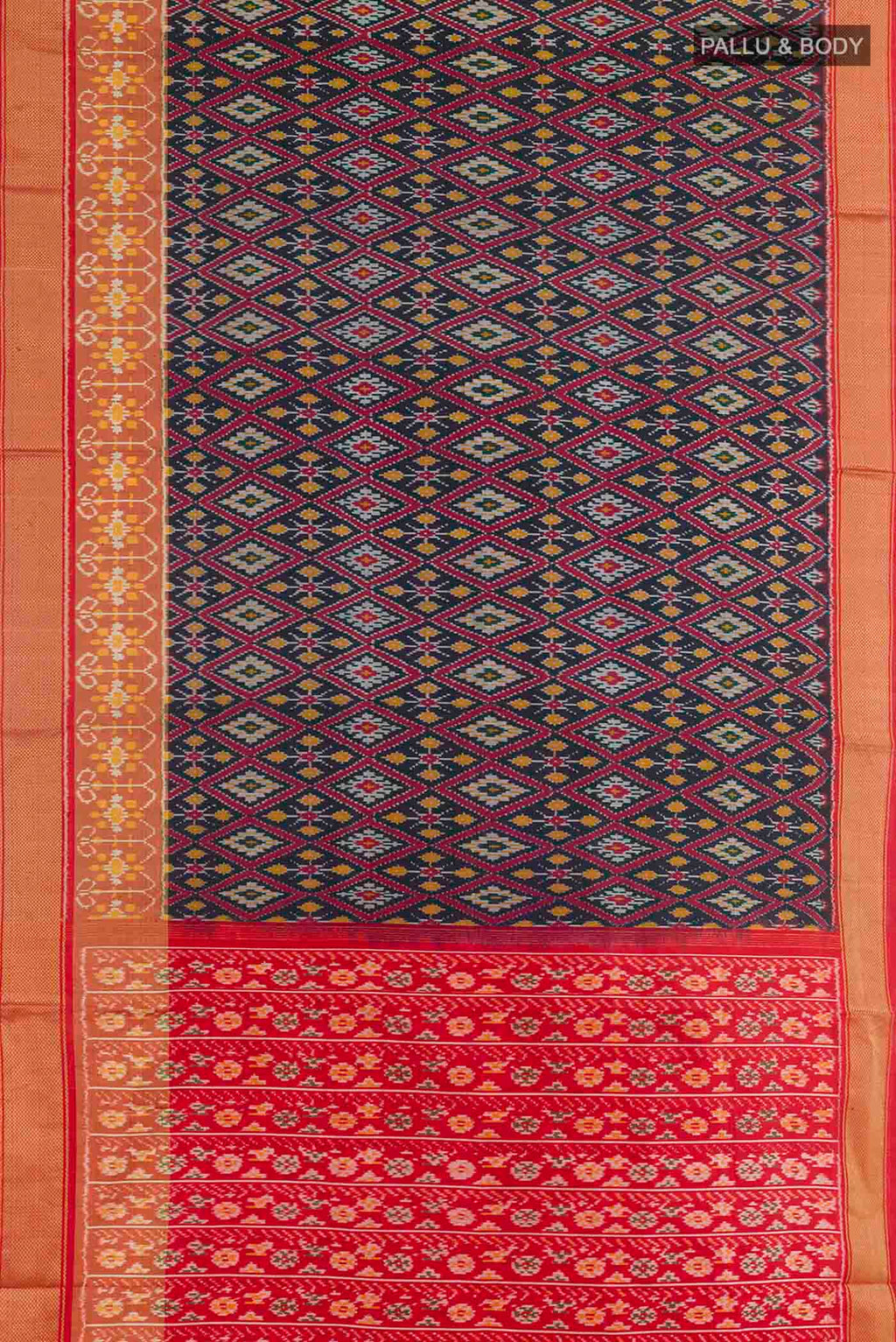 Flat view of Dark Blue Pochampally Silk Saree with Pure Ikat on the body and Zari Border. 
