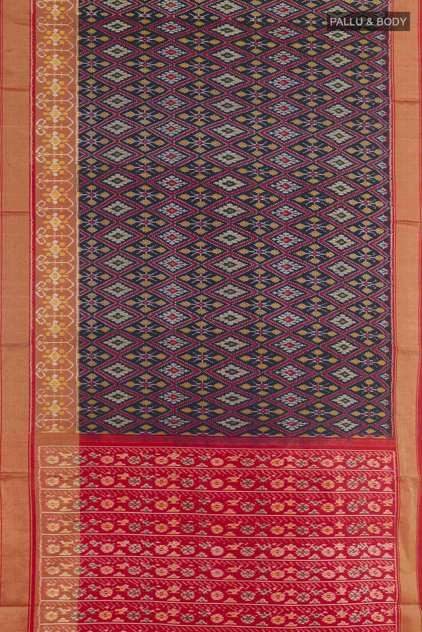 Flat view of Dark Blue Pochampally Silk Saree with Pure Ikat on the body and Zari Border. 