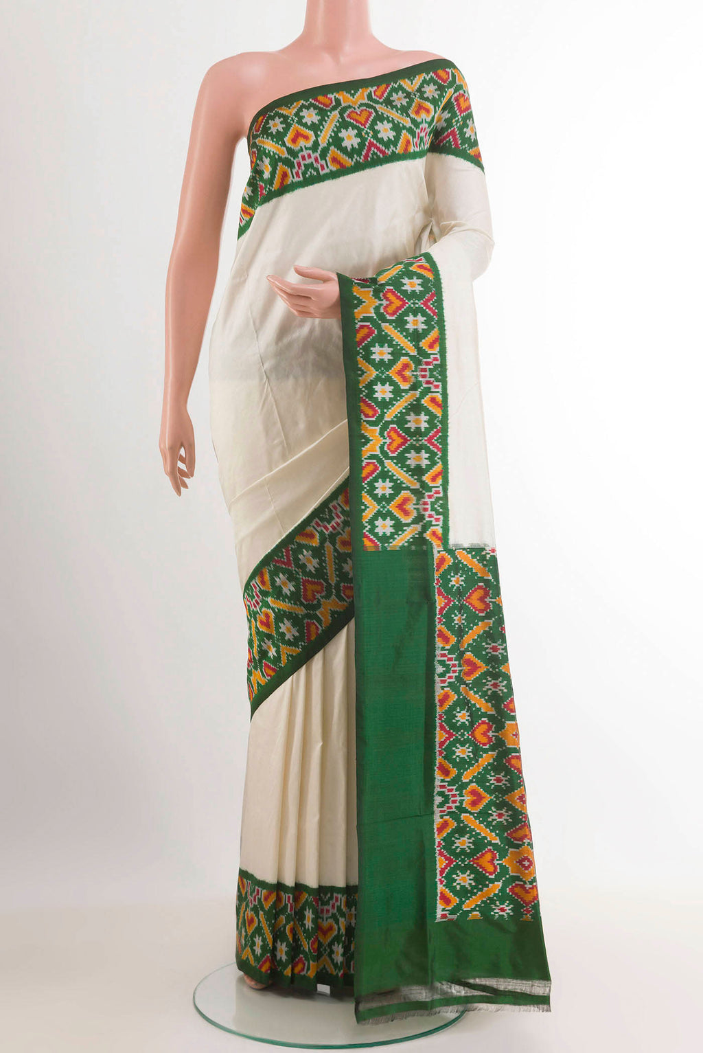 Off White Pochampally Silk Saree with Plain Body and Zari Border.  displayed on a mannequin