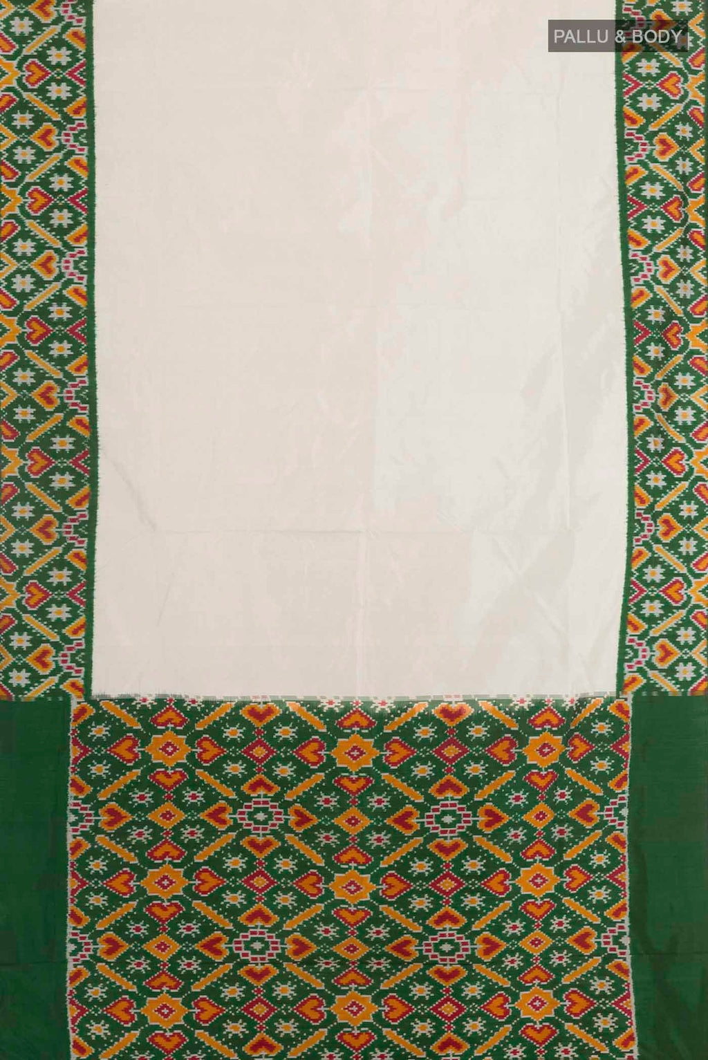 Flat view of Off White Pochampally Silk Saree with Plain Body and Zari Border. 