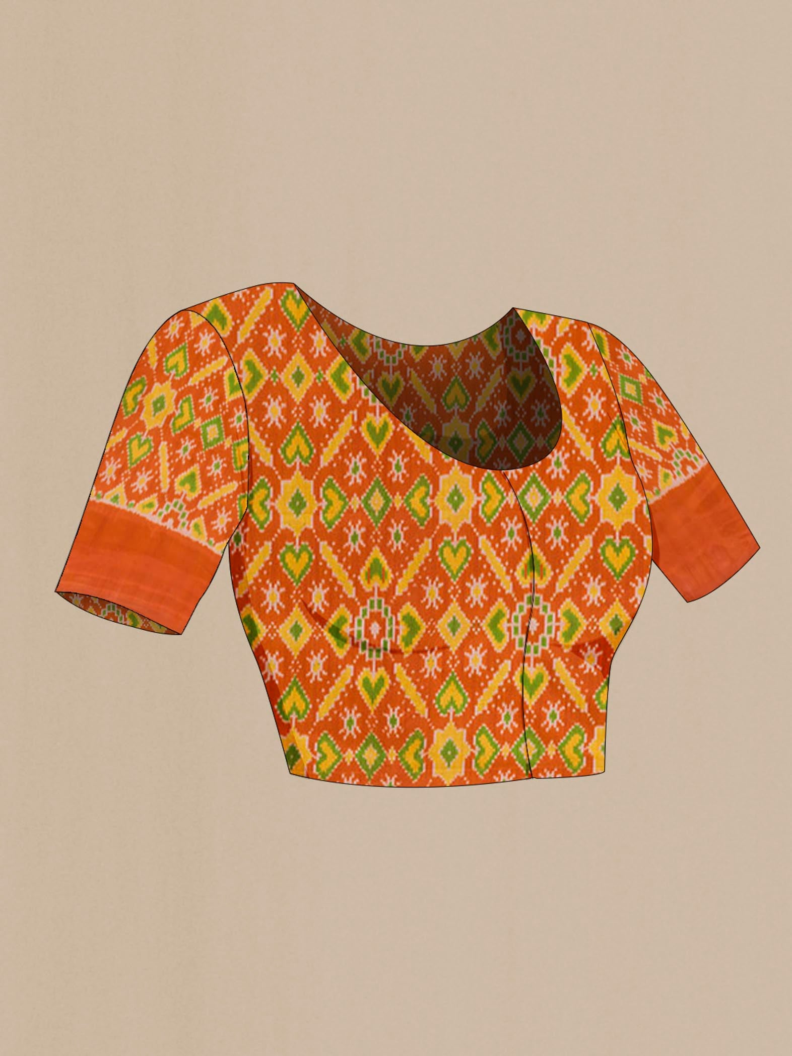 Close up image of the blouse of White Pochampally Silk Saree with Plain Body and Ikat Border. 
