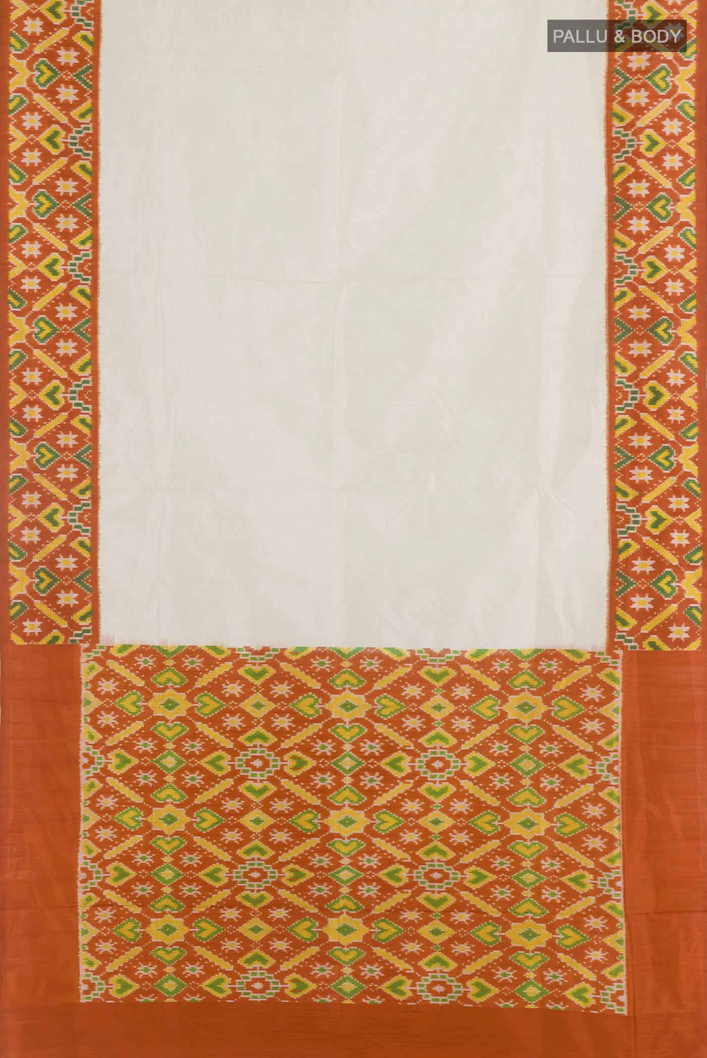 Flat view of White Pochampally Silk Saree with Plain Body and Ikat Border. 