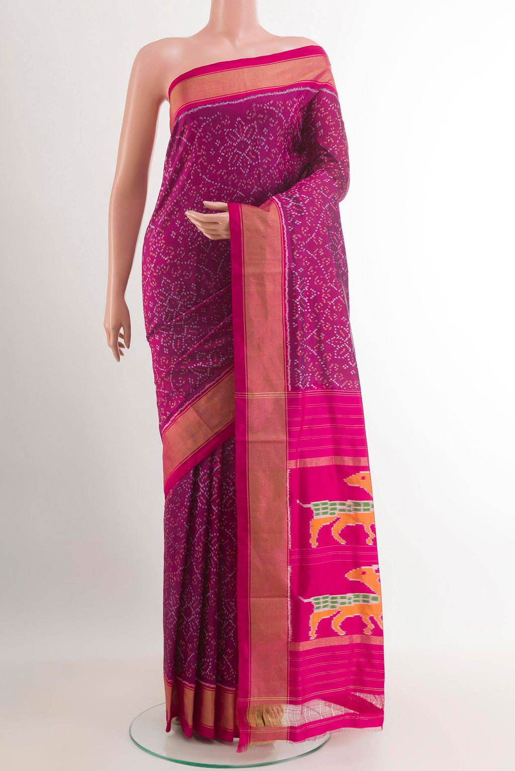 Purple Pochampally Silk Saree with Pure Ikat on the body and Zari Border.  displayed on a mannequin