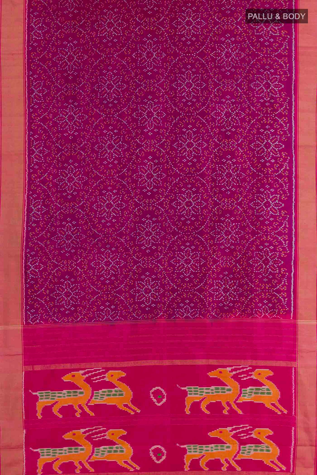 Flat view of Purple Pochampally Silk Saree with Pure Ikat on the body and Zari Border. 