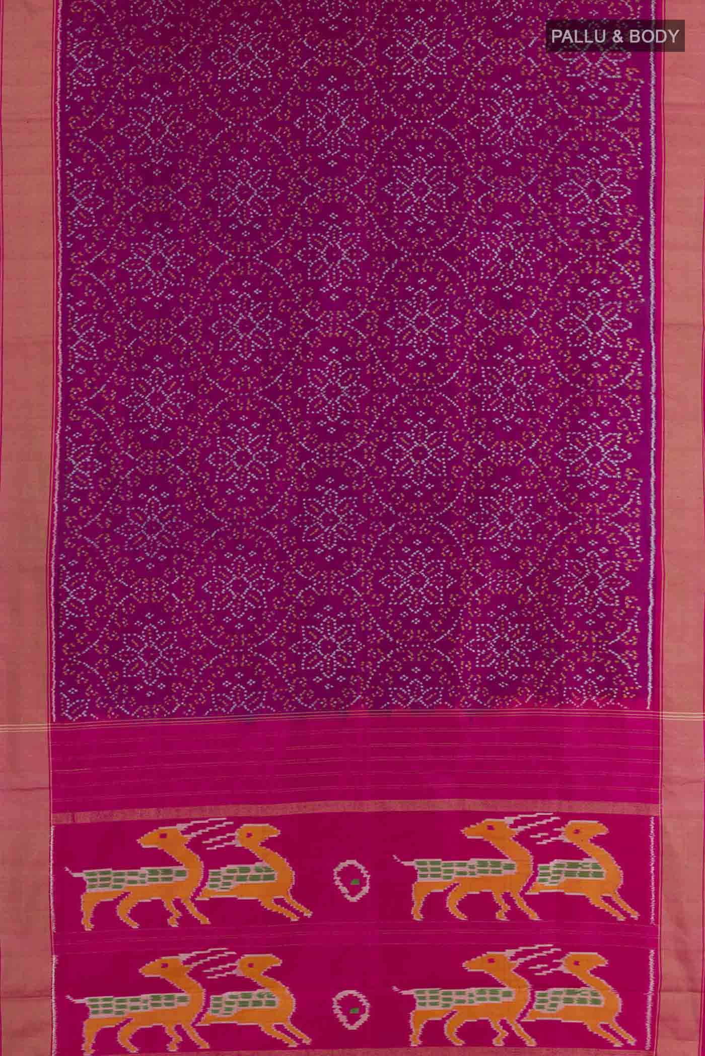 Flat view of Purple Pochampally Silk Saree with Pure Ikat on the body and Zari Border. 