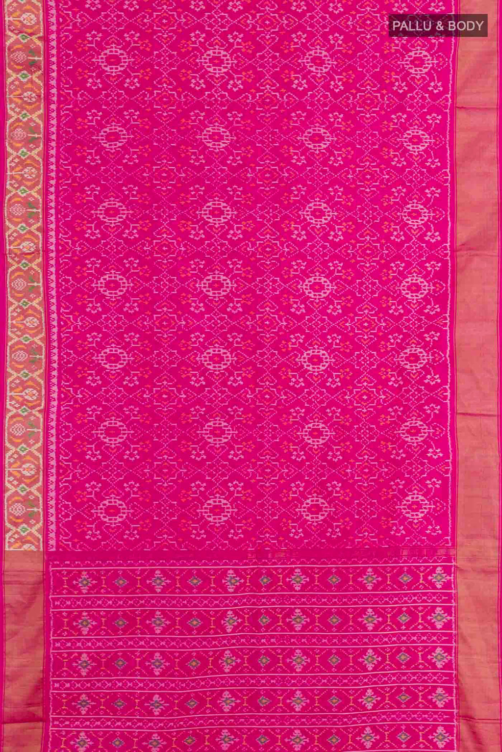 Flat view of Pink Pochampally Silk Saree with Pure Ikat on the body and Zari Border. 