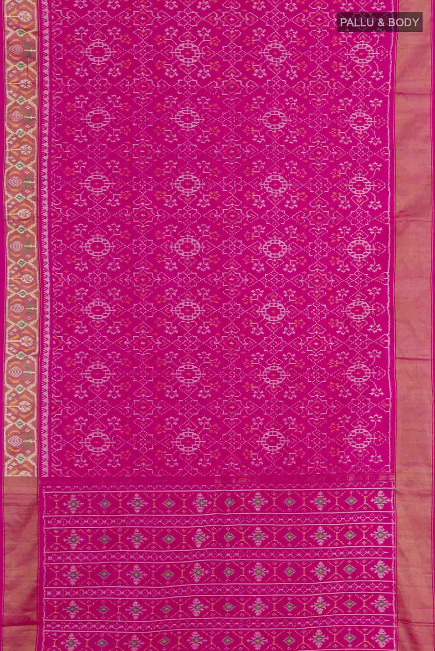 Flat view of Pink Pochampally Silk Saree with Pure Ikat on the body and Zari Border. 