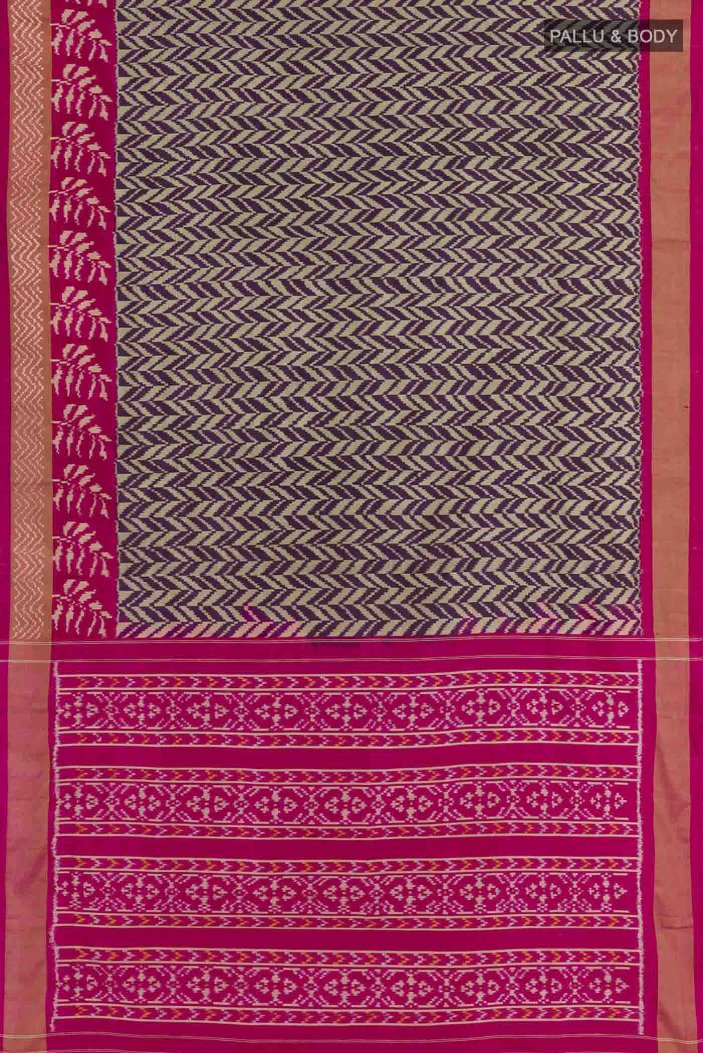 Flat view of Purple Pochampally Silk Saree with Pure Ikat on the body and Zari Border. 