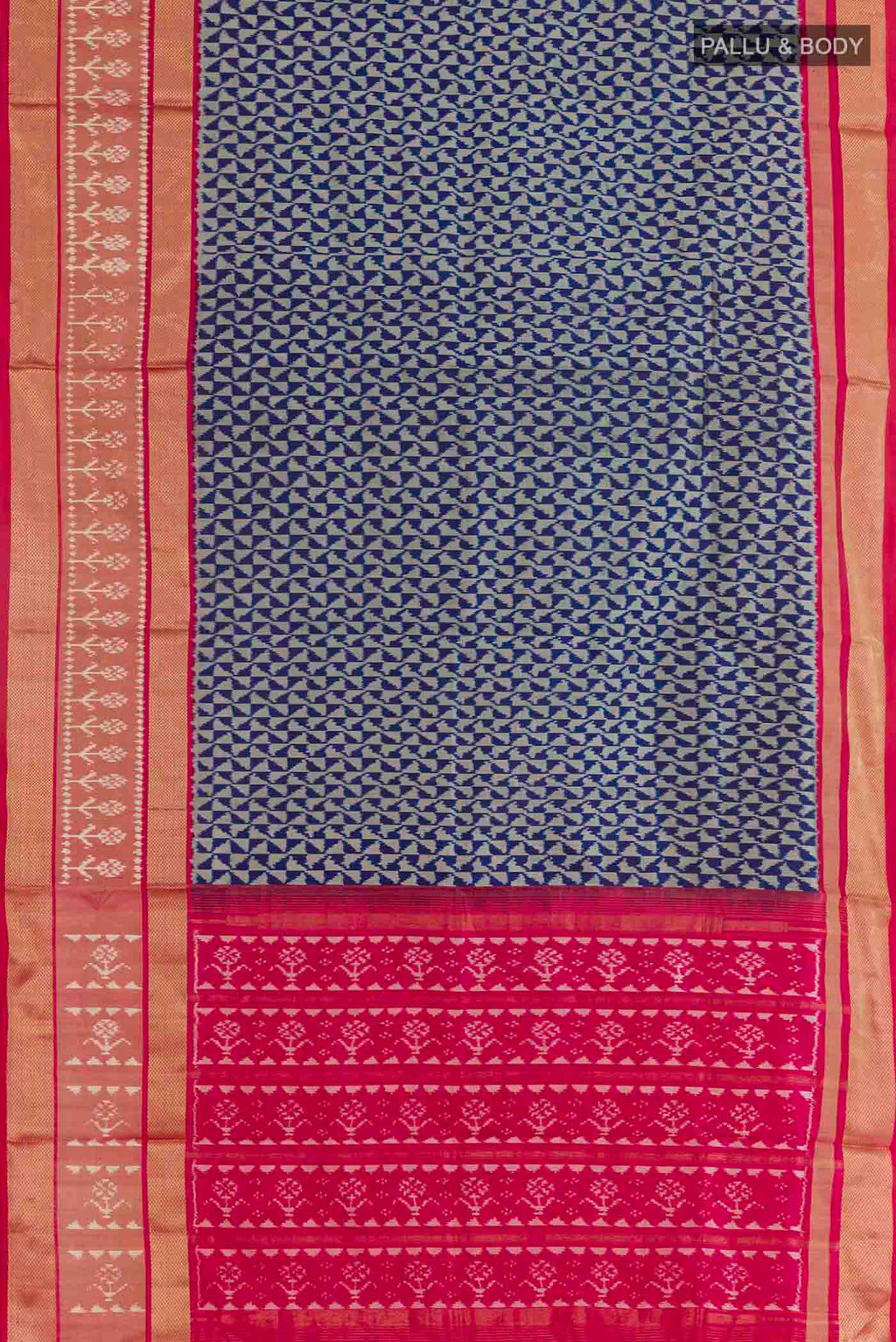 Flat view of Blue Pochampally Silk Saree with Pure Ikat on the body and Zari Border. 