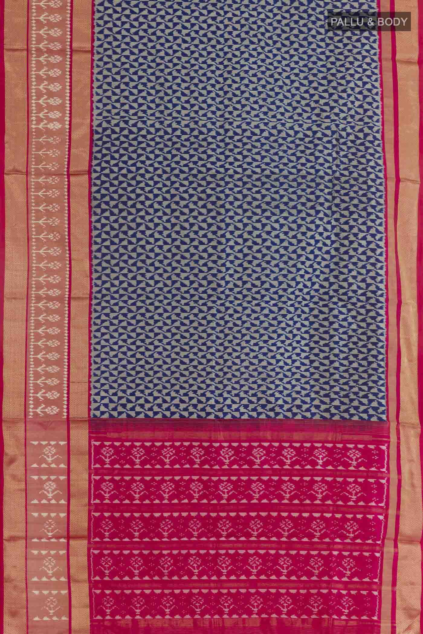 Flat view of Blue Pochampally Silk Saree with Pure Ikat on the body and Zari Border. 