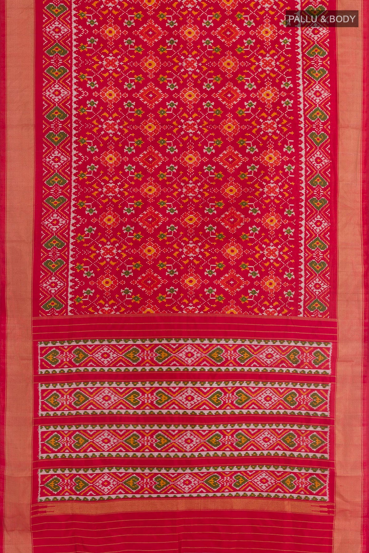 Flat view of Red Pochampally Silk Saree with Pure Ikat on the body and Zari Border. 