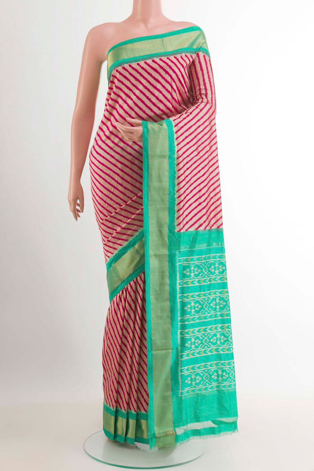 Pink Pochampally Silk Saree with Pure Ikat on the body and Zari Border.  displayed on a mannequin