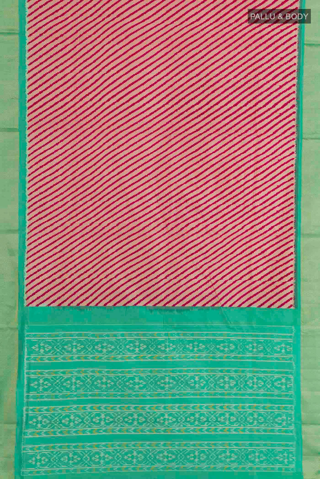 Flat view of Pink Pochampally Silk Saree with Pure Ikat on the body and Zari Border. 