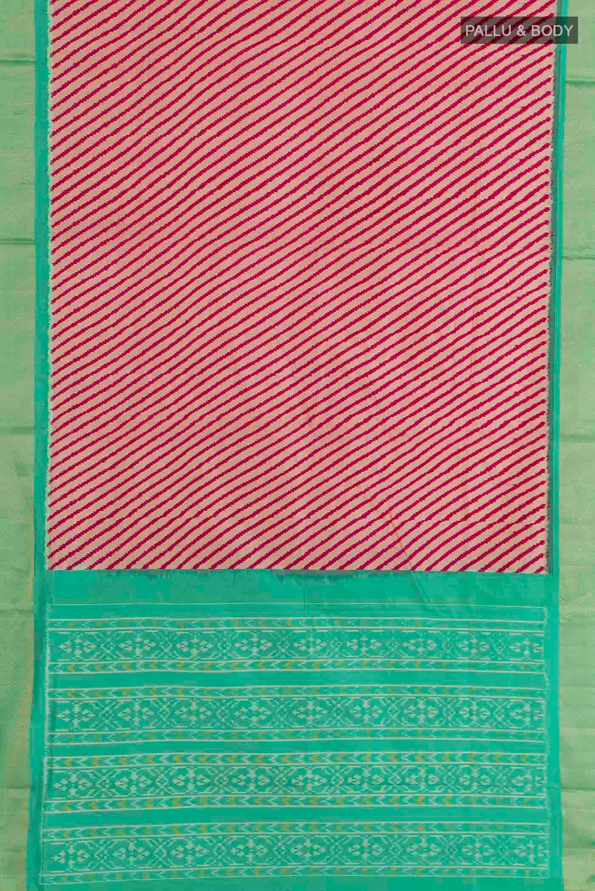 Flat view of Pink Pochampally Silk Saree with Pure Ikat on the body and Zari Border. 