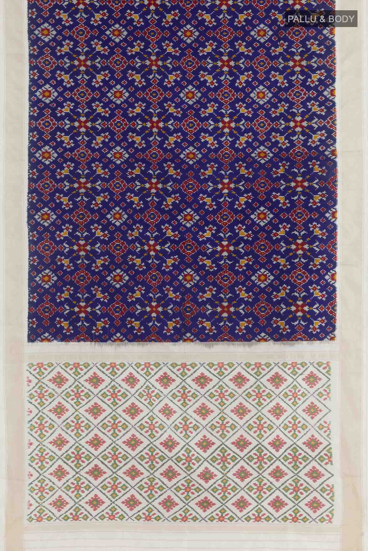 Flat view of Blue Pochampally Silk Saree with Pure Ikat on the body and Zari Border. 