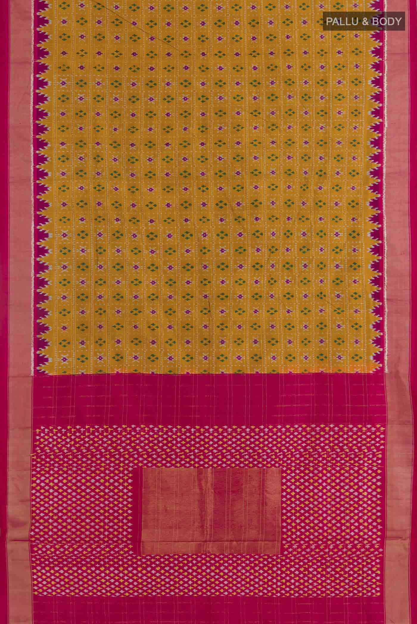 Flat view of Mustard Pochampally Silk Saree with Pure Ikat on the body and Zari Border. 