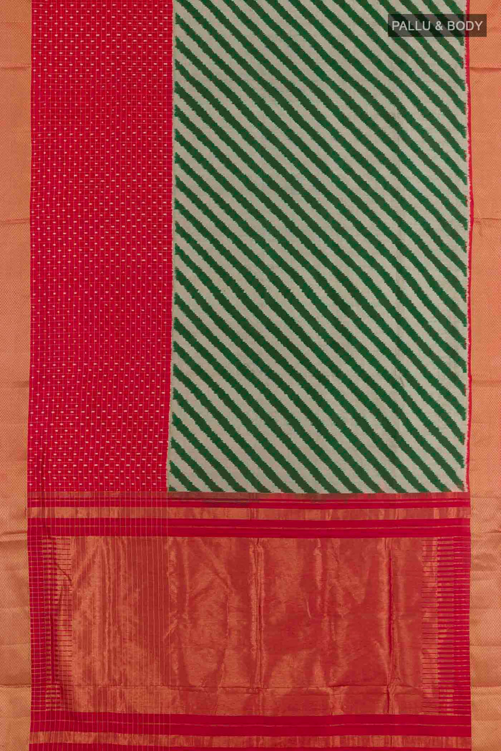 Flat view of Green Pochampally Silk Saree with Pure Ikat on the body and Zari Border. 