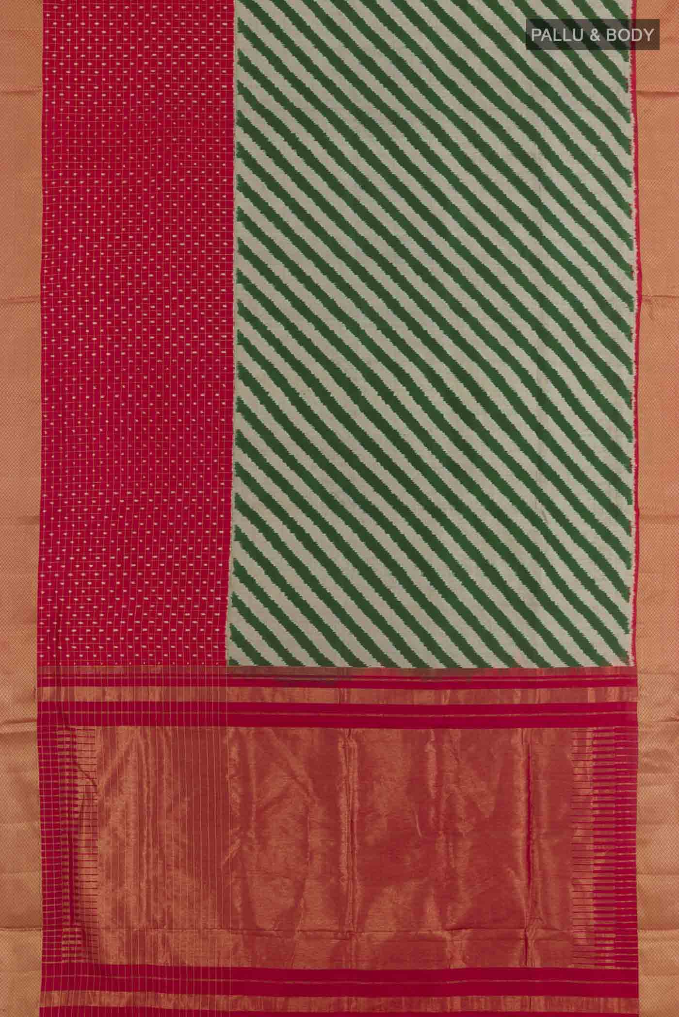 Flat view of Green Pochampally Silk Saree with Pure Ikat on the body and Zari Border. 
