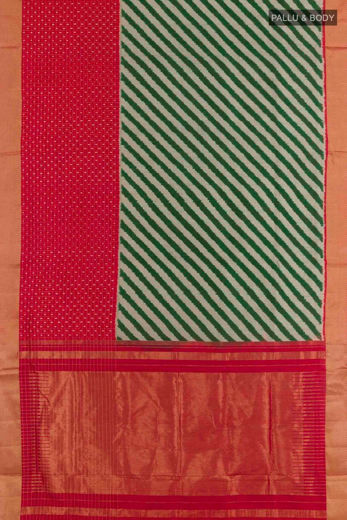 Flat view of Green Pochampally Silk Saree with Pure Ikat on the body and Zari Border. 