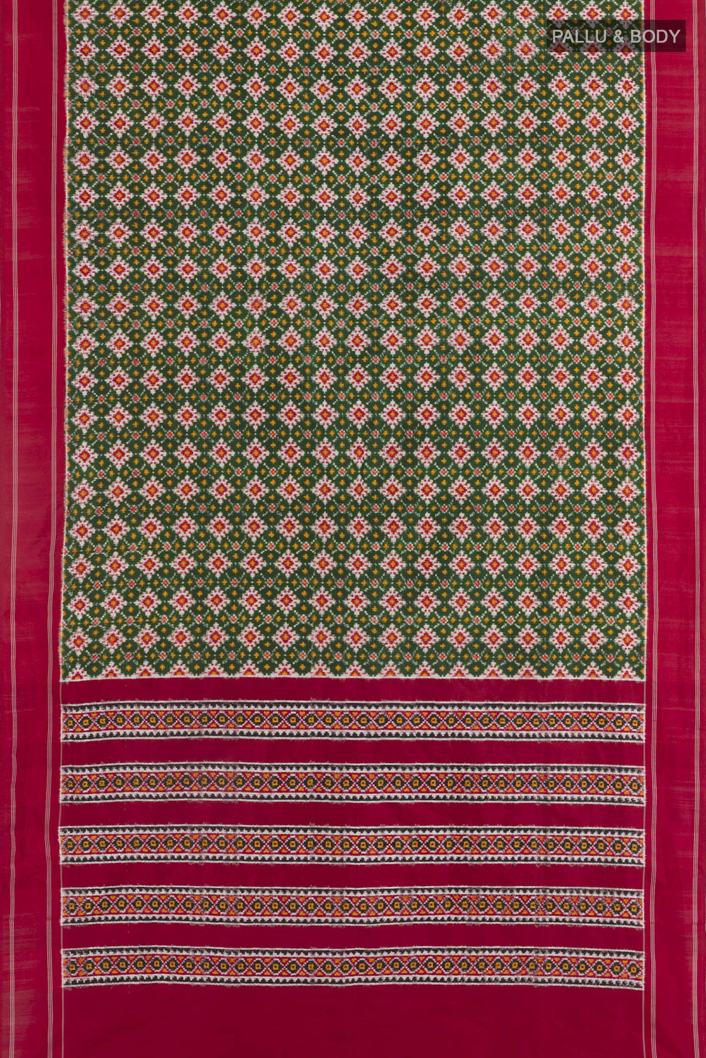Flat view of Green Pochampally Silk Saree with Pure Ikat on the body and Plain Border. 