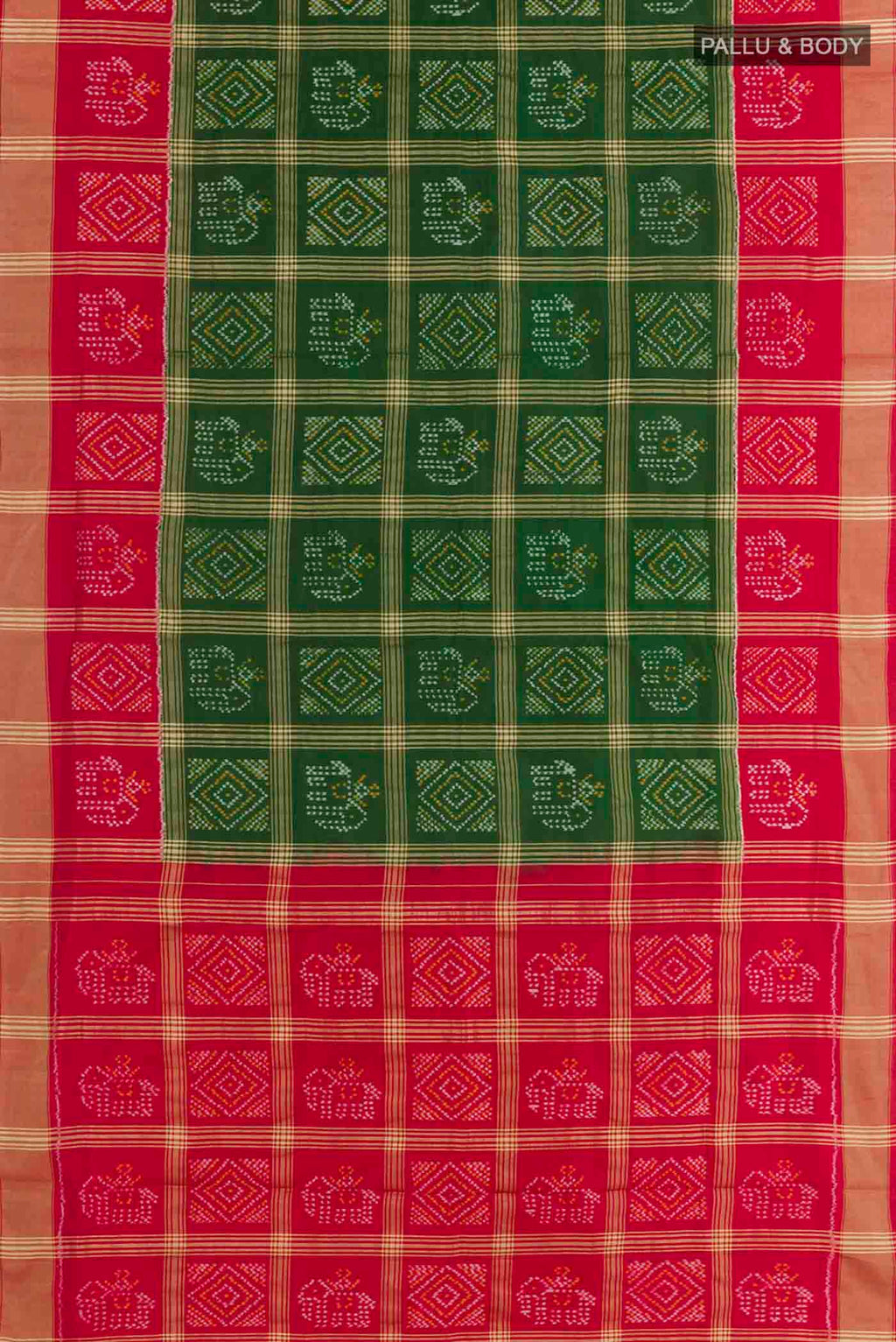Flat view of Green Pochampally Silk Saree with Pure Ikat on the body and Zari Border. 