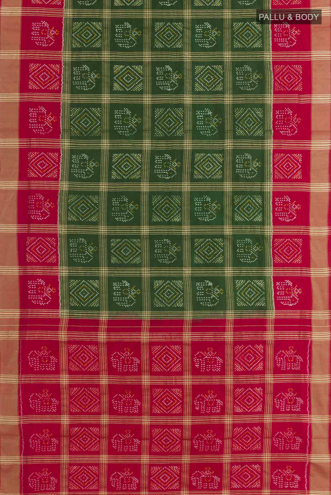 Flat view of Green Pochampally Silk Saree with Pure Ikat on the body and Zari Border. 