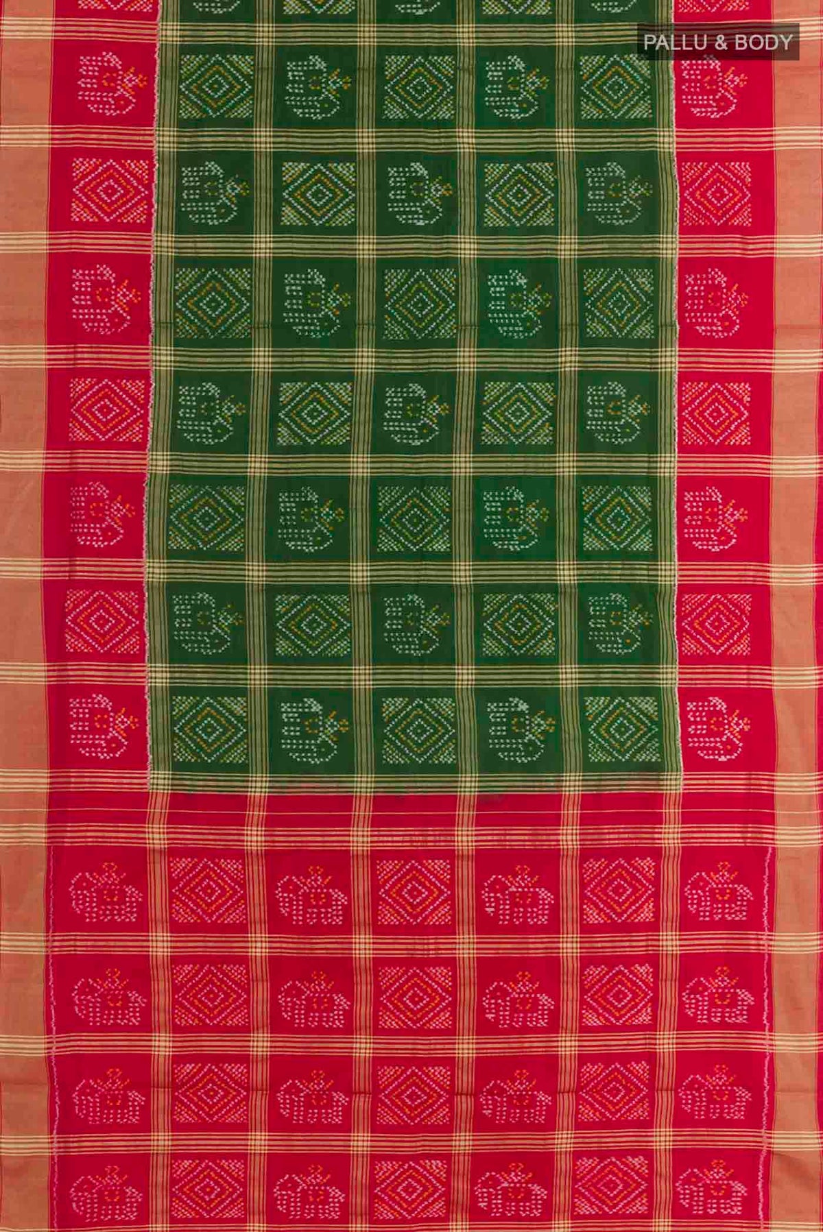 Flat view of Green Pochampally Silk Saree with Pure Ikat on the body and Zari Border. 
