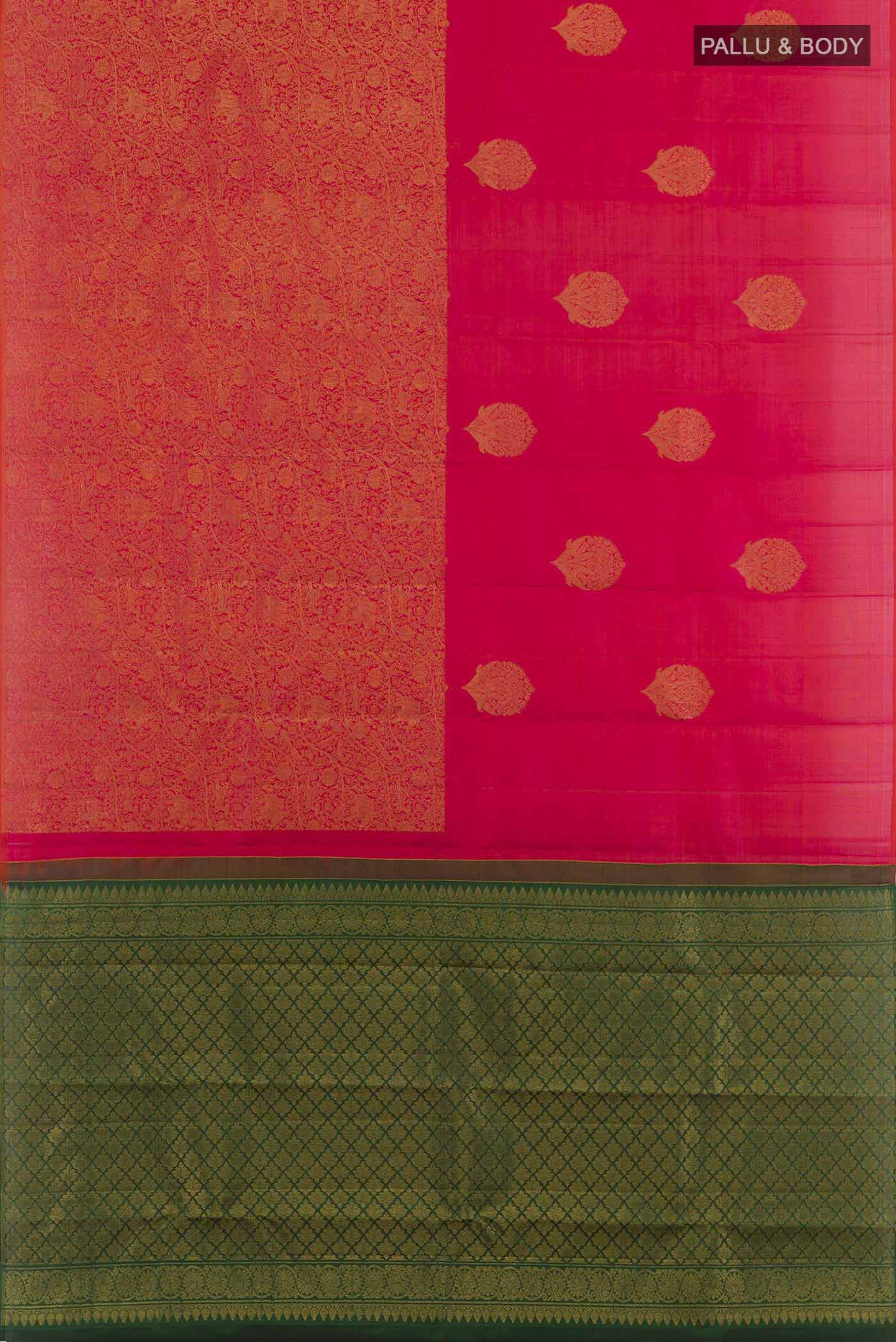 Flat view of Red Kanjivaram Saree with Zari Butta on the body and Zari Border. 