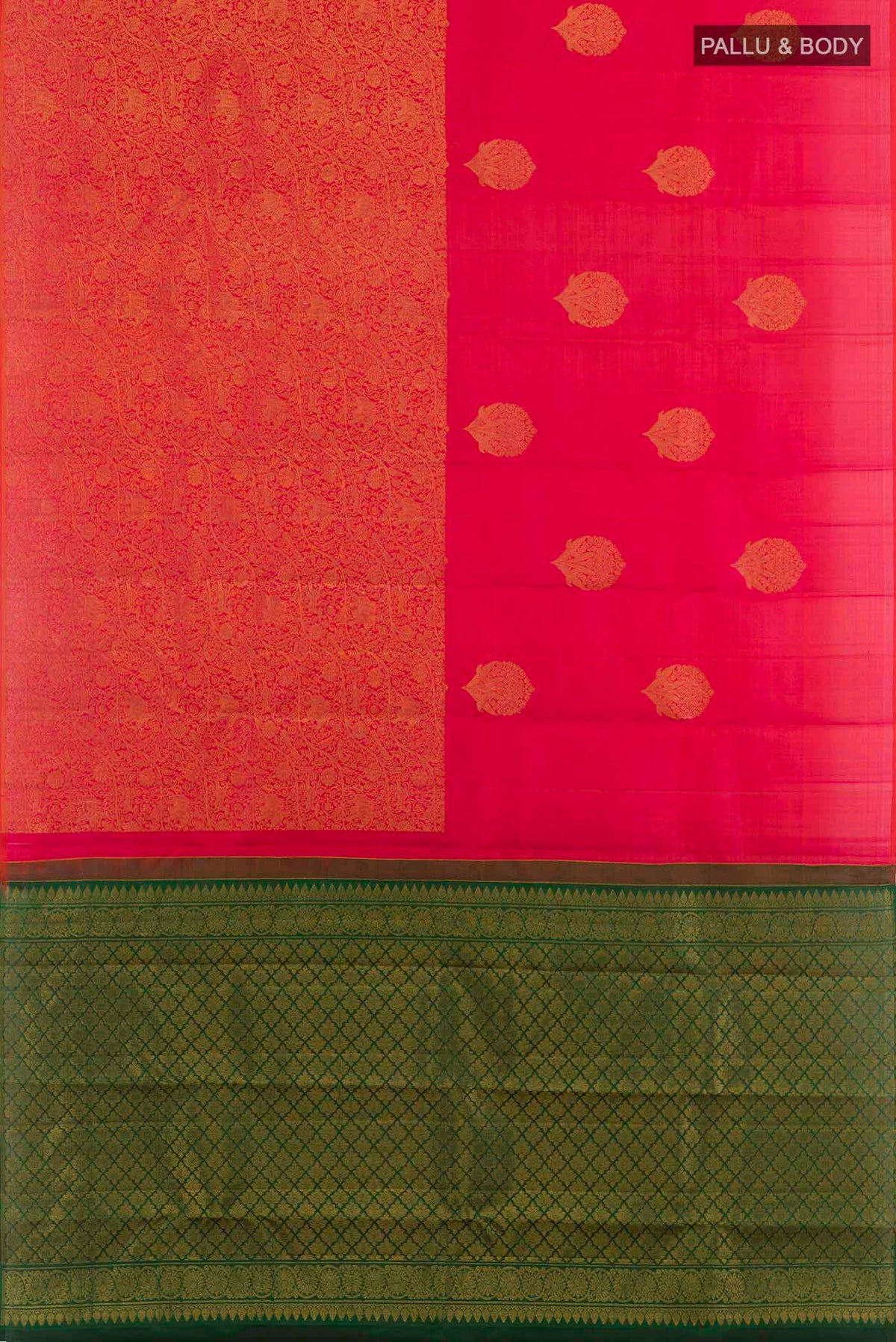 Flat view of Red Kanjivaram Saree with Zari Butta on the body and Zari Border. 