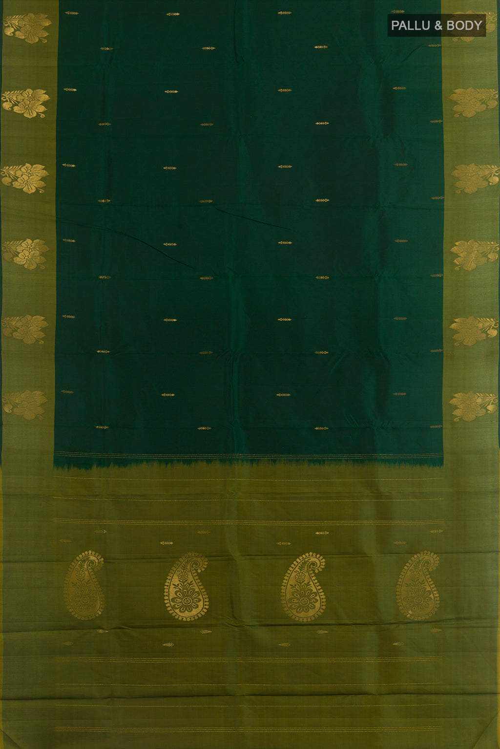 Flat view of Bottle Green Kanchipuram Silk Saree with Zari Butta on the body and Zari Border. 