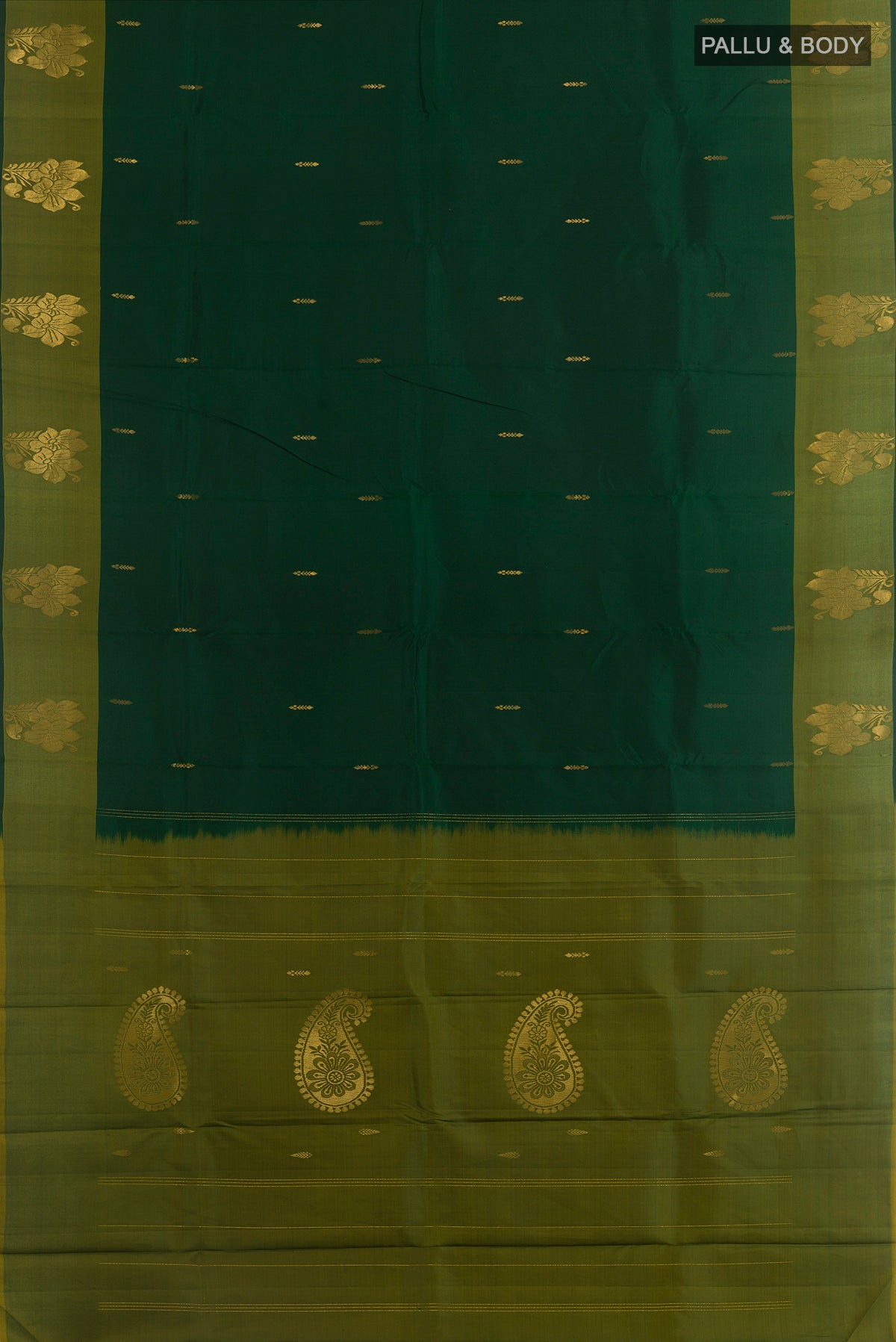 Flat view of Bottle Green Kanchipuram Silk Saree with Zari Butta on the body and Zari Border. 