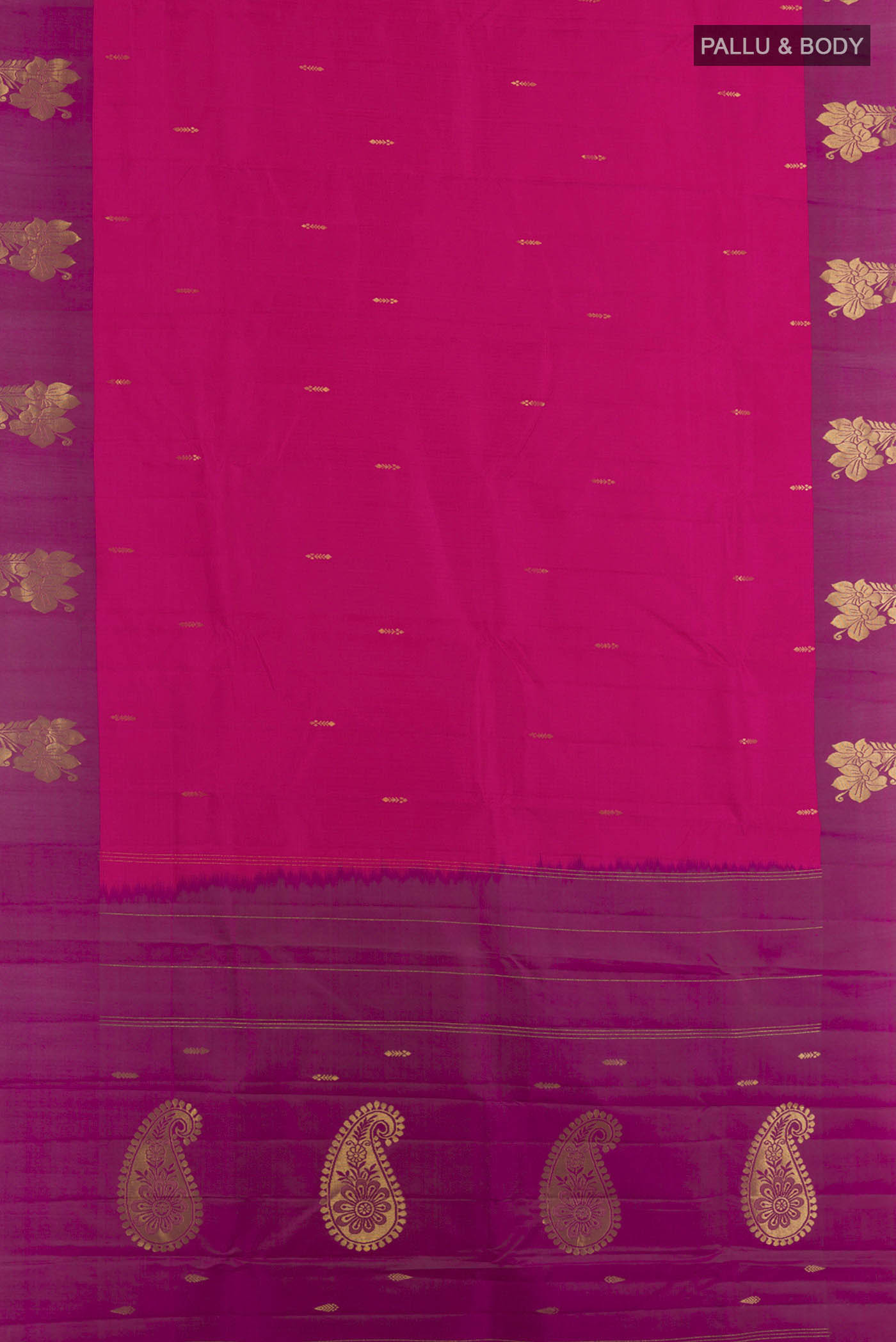 Flat view of Rani Pink Kanchipuram Silk Saree with Zari Butta on the body and Zari Border. 