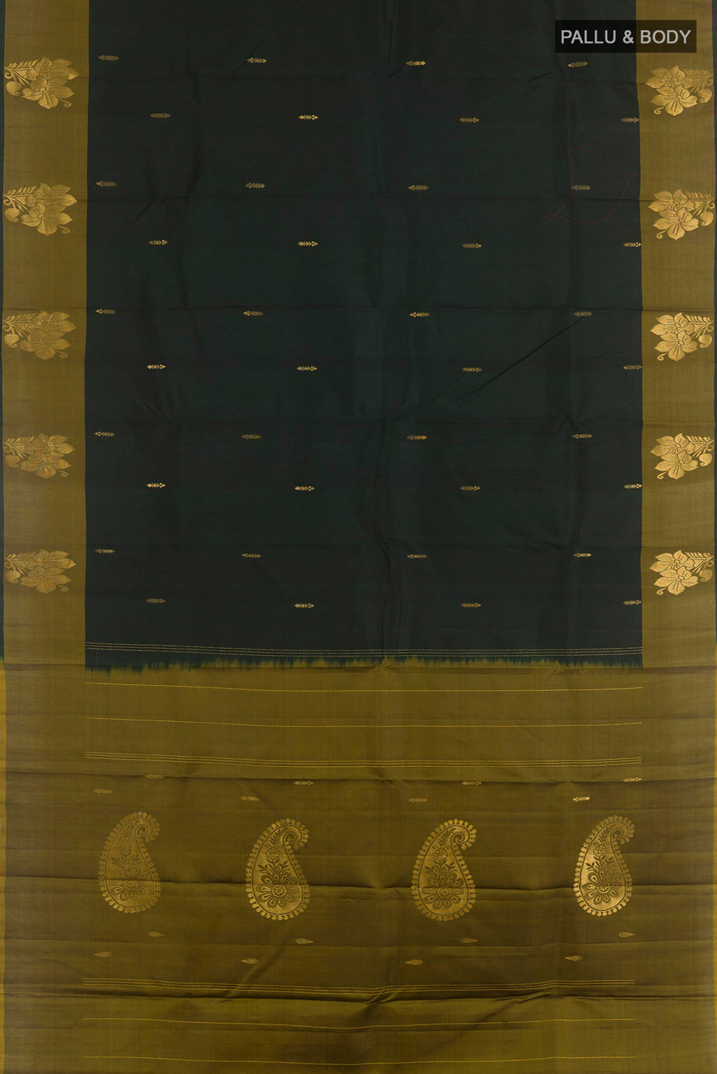Flat view of Bottle Green Kanchipuram Silk Saree with Zari Butta on the body and Zari Border. 
