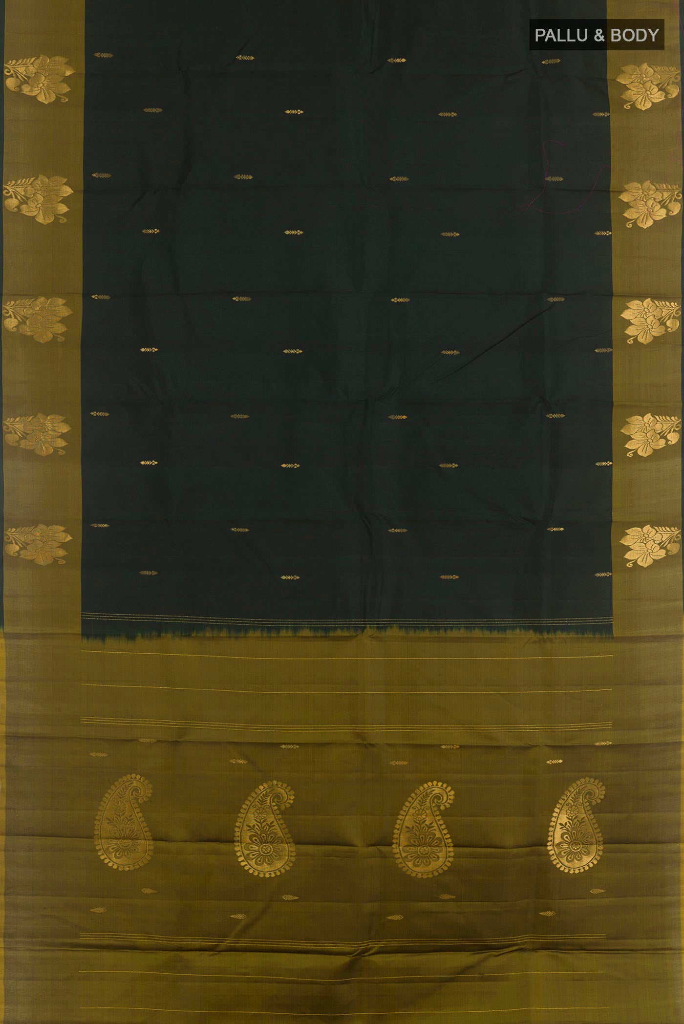 Flat view of Bottle Green Kanchipuram Silk Saree with Zari Butta on the body and Zari Border. 